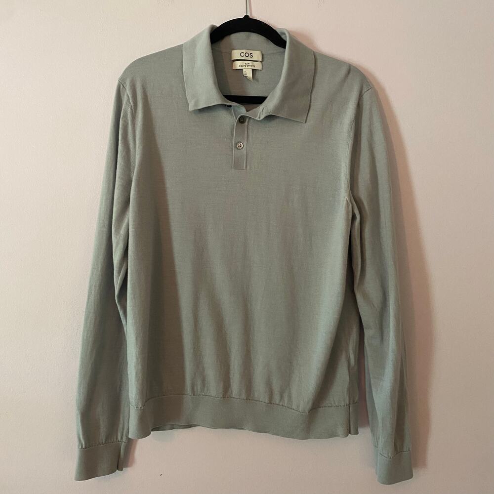 COS Gray Slim Fit 100% Wool Soft Long Sleeve Polo Sweater Henley Men size Large